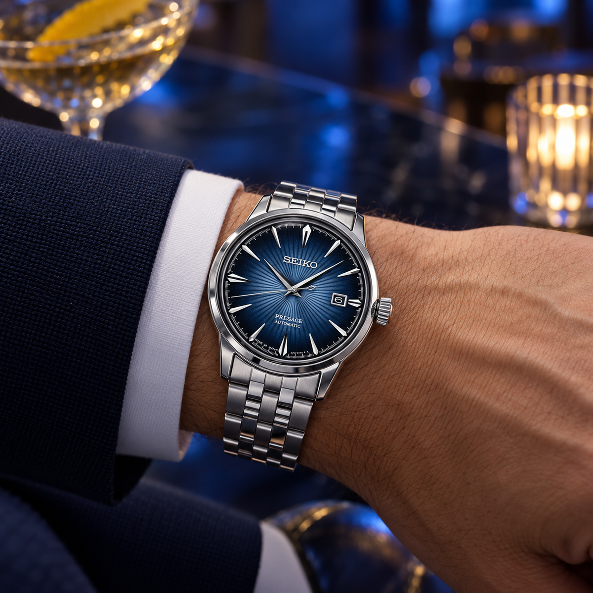 Seiko Presage Cocktail Time SRPB41J1 Blue Moon automatic watch on wrist