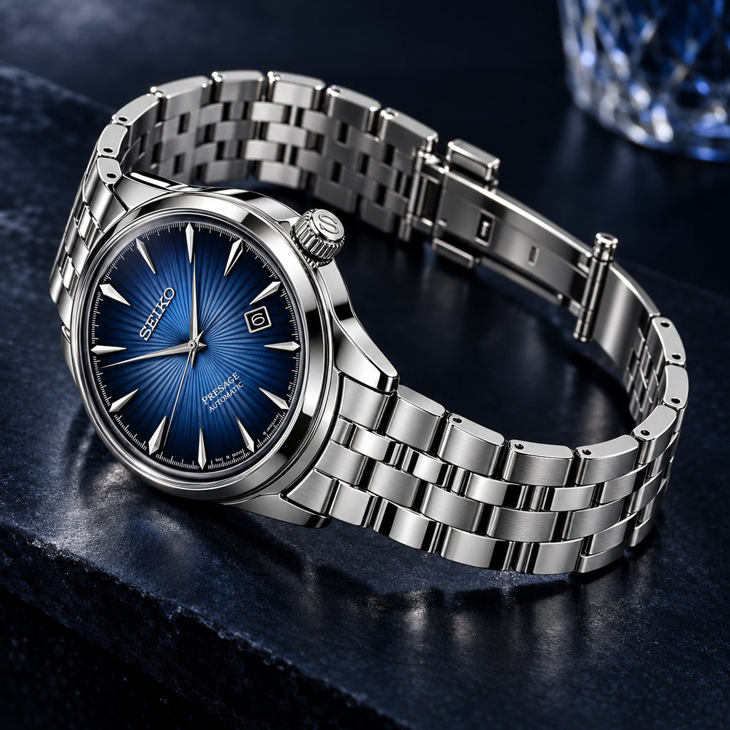 Seiko Presage Cocktail Time SRPB41J1 Blue Moon bracelet and case detail
