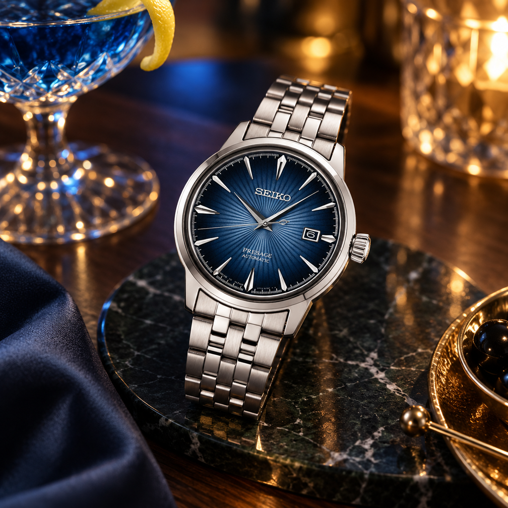 Seiko Presage Cocktail Time SRPB41J1 Blue Moon premium cocktail lounge lifestyle view
