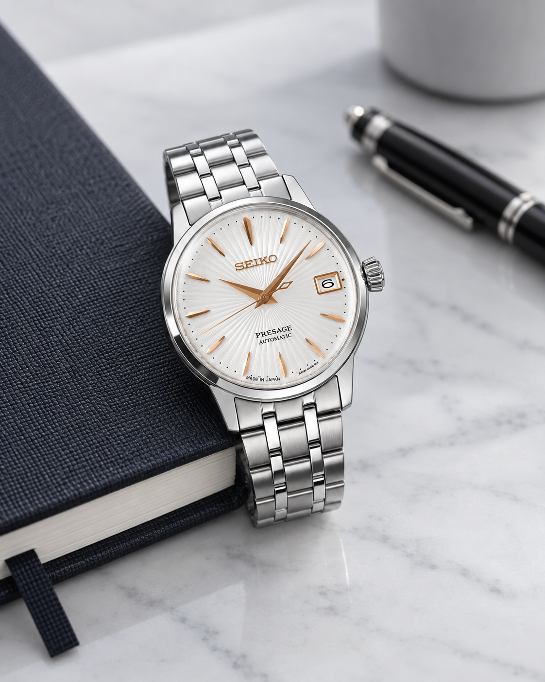 Seiko Presage Cocktail Time SRPB47J1 modern desk lifestyle view