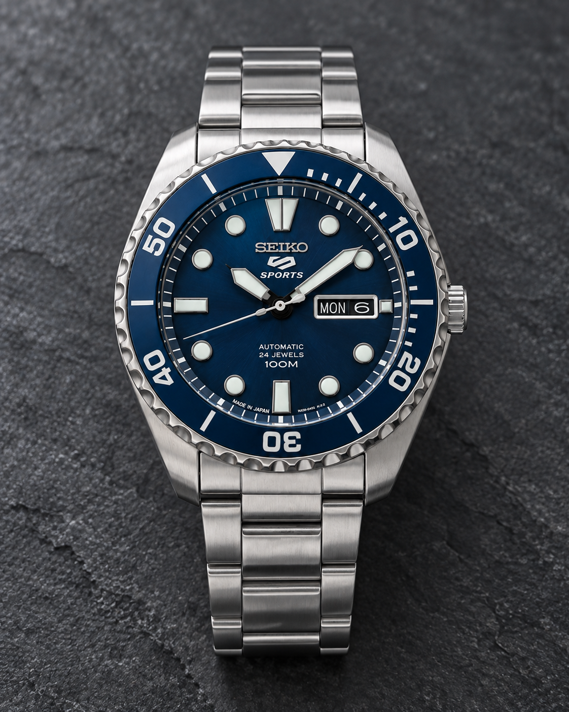 Seiko 5 Sports SRPC63J1 blue dial stainless steel automatic men's watch front view