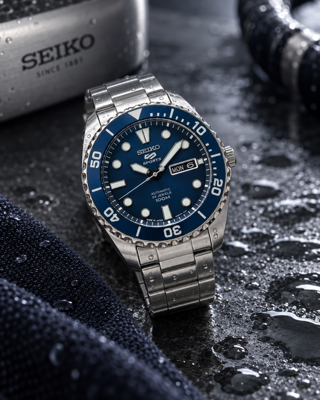 Seiko 5 Sports SRPC63J1 blue dial automatic men's watch water-resistant lifestyle view