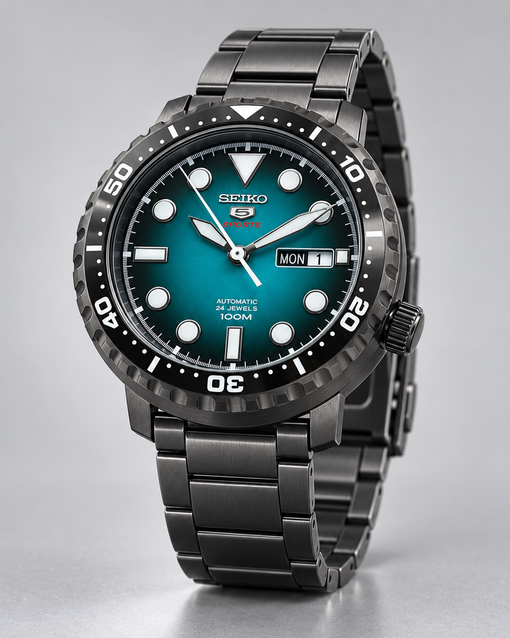 Seiko 5 Sports SRPC65J1 Bottle Cap automatic turquoise green dial black stainless steel studio view