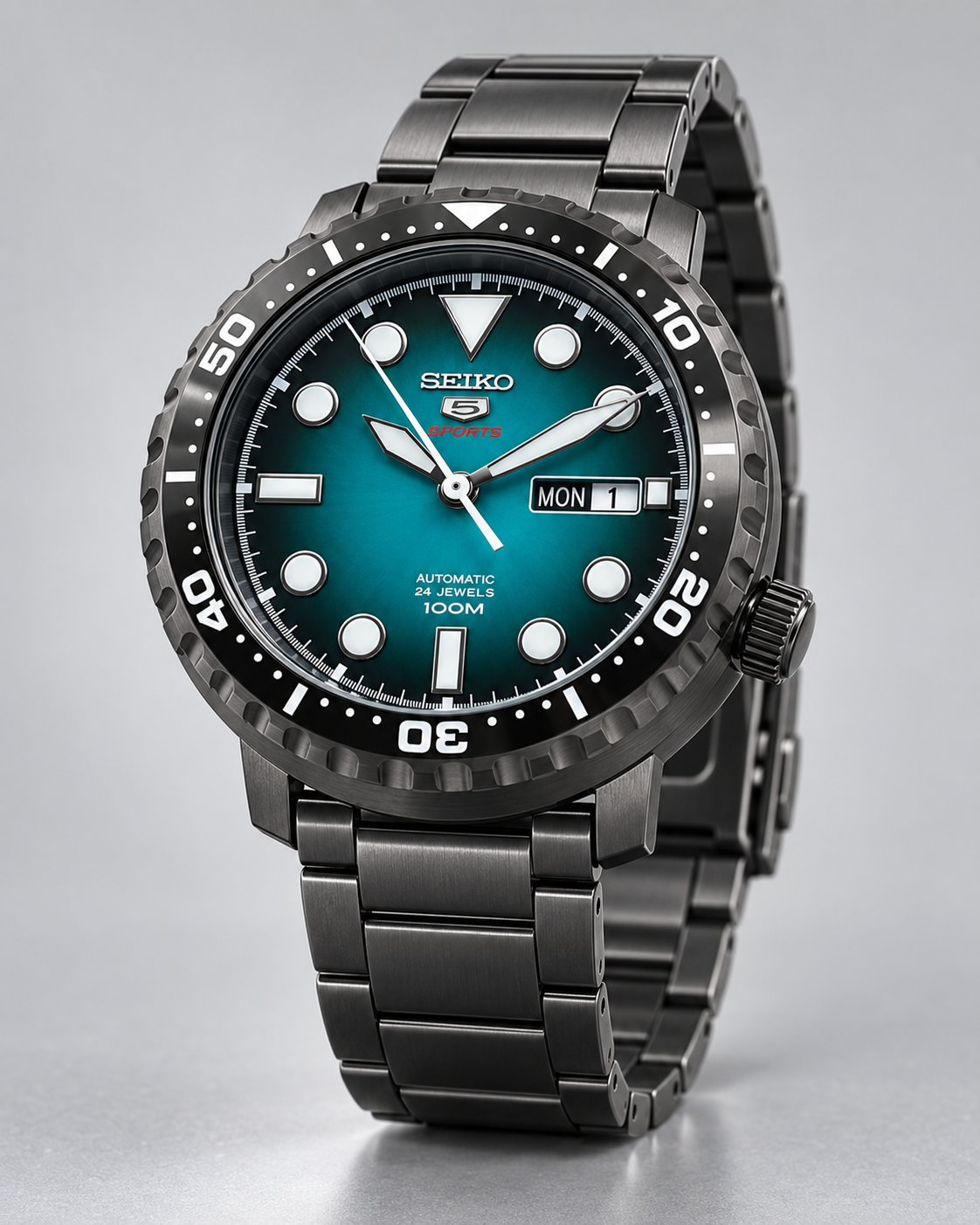 Seiko 5 Sports SRPC65J1 Bottle Cap automatic turquoise green dial black stainless steel studio view