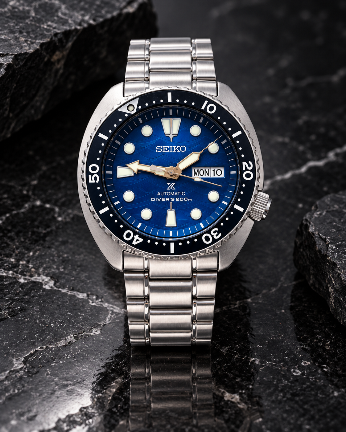 Seiko Prospex SRPD21J1 Save the Ocean Turtle automatic diver blue dial watch on dark slate