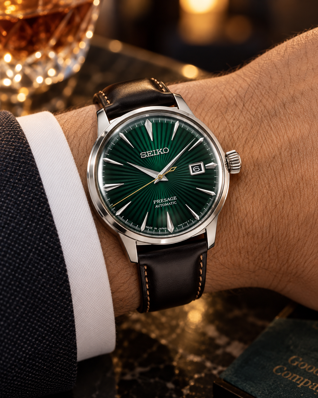 Seiko Presage Cocktail Time SRPD37J1 Mockingbird automatic green dial men's watch on wrist