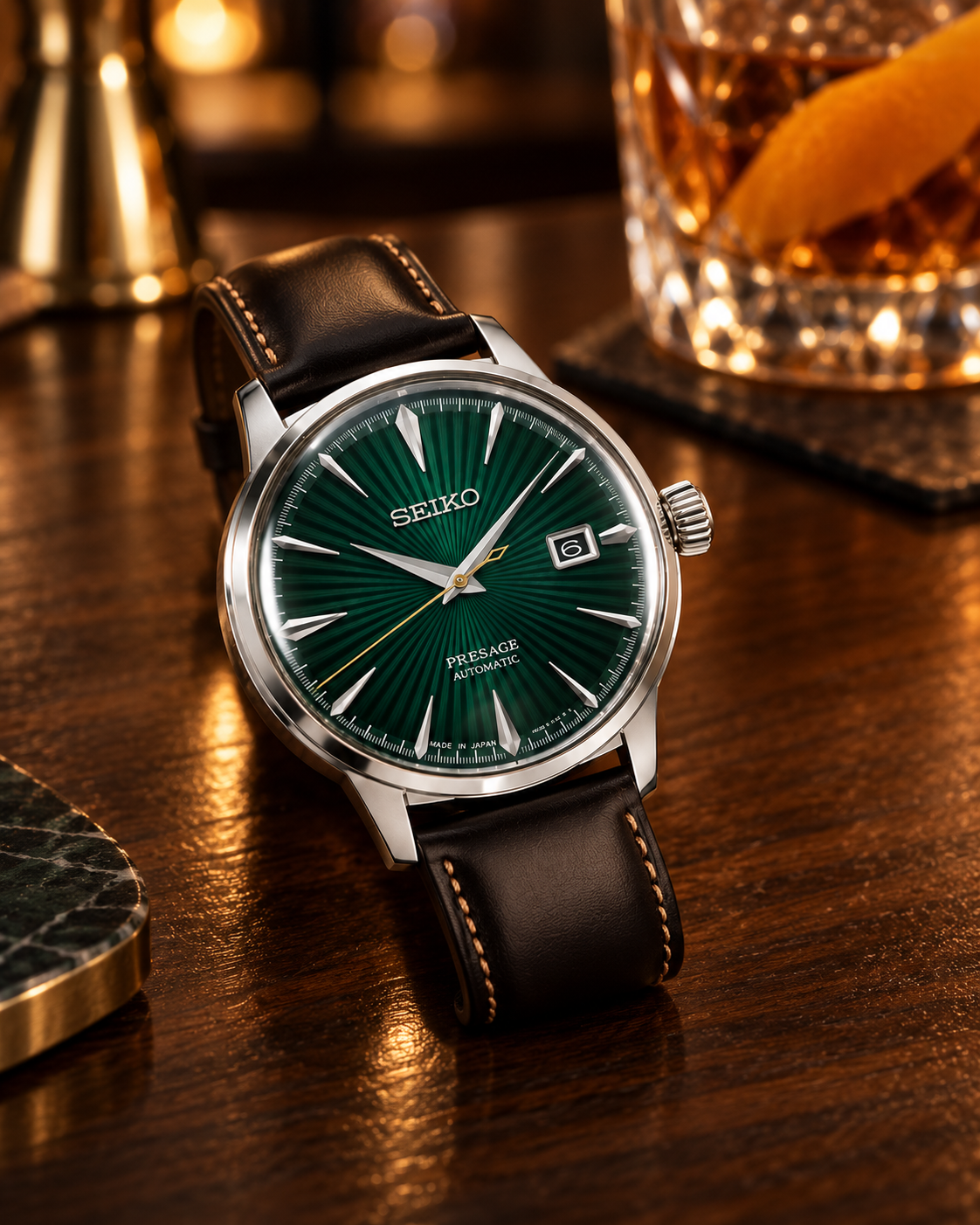 Seiko Presage Cocktail Time SRPD37J1 automatic green dial watch cocktail bar