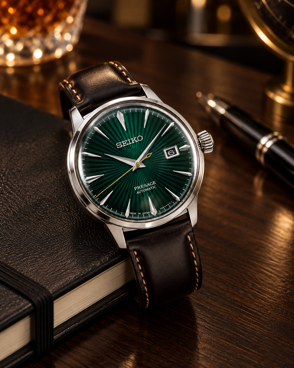 Seiko Presage SRPD37J1 green dial brown leather automatic men's watch desk view