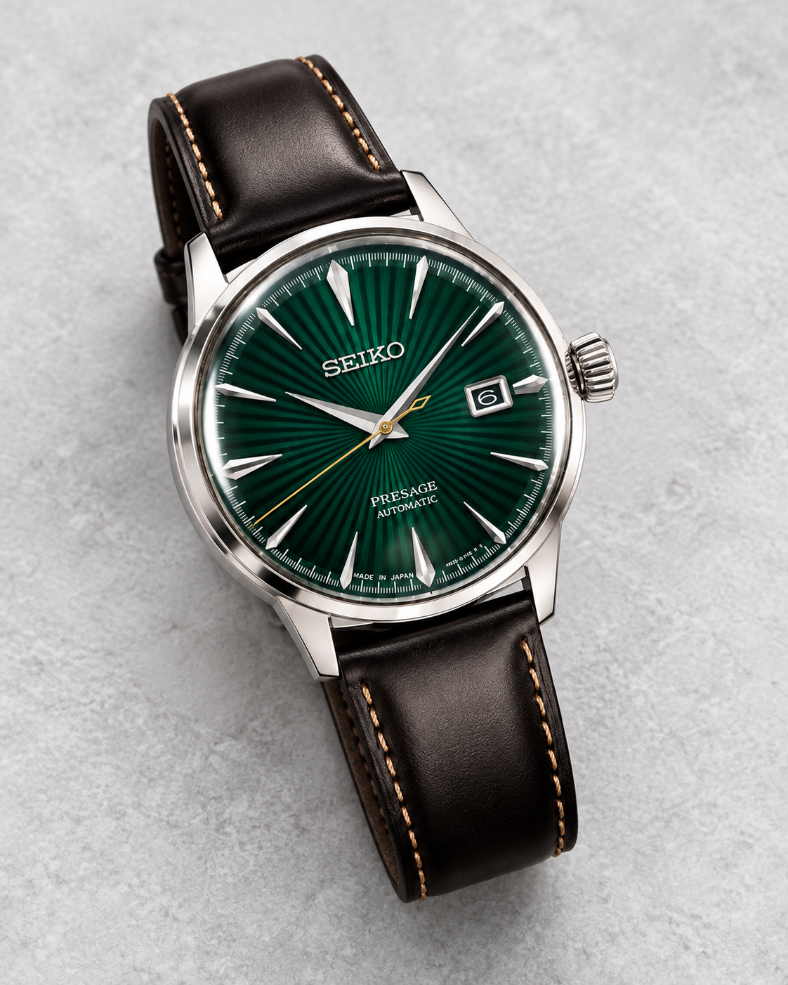 Seiko Presage Cocktail Time SRPD37J1 automatic green dial brown leather watch studio view