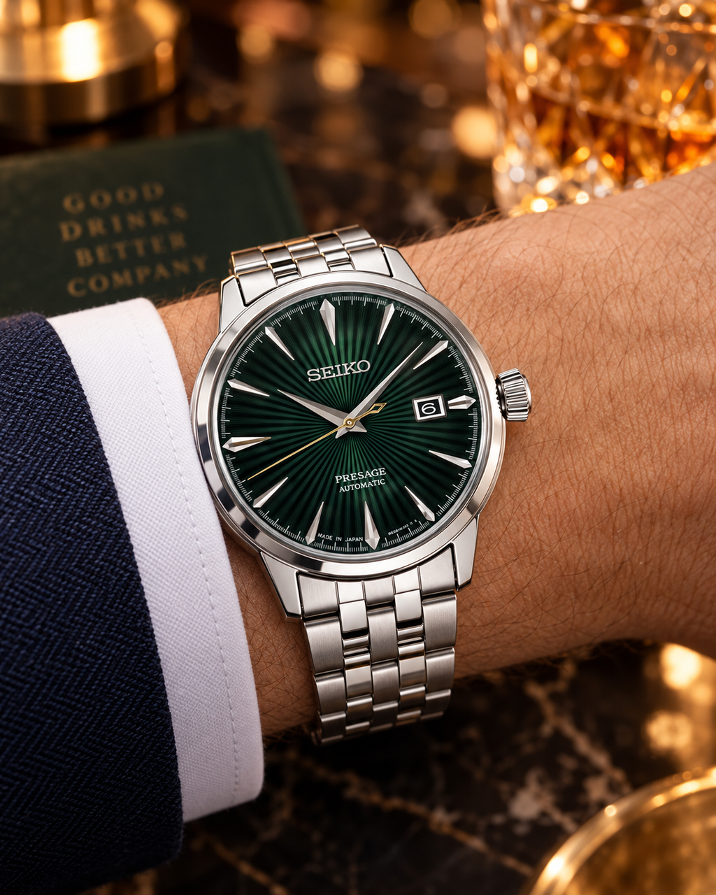 Seiko Presage Cocktail Time SRPE15J1 Mockingbird automatic green dial men's watch on wrist
