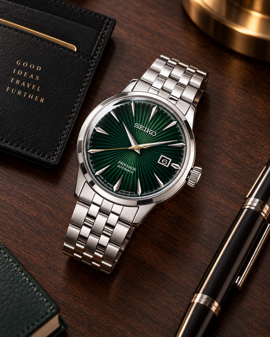 Seiko Presage SRPE15J1 automatic green dial stainless steel bracelet desk view