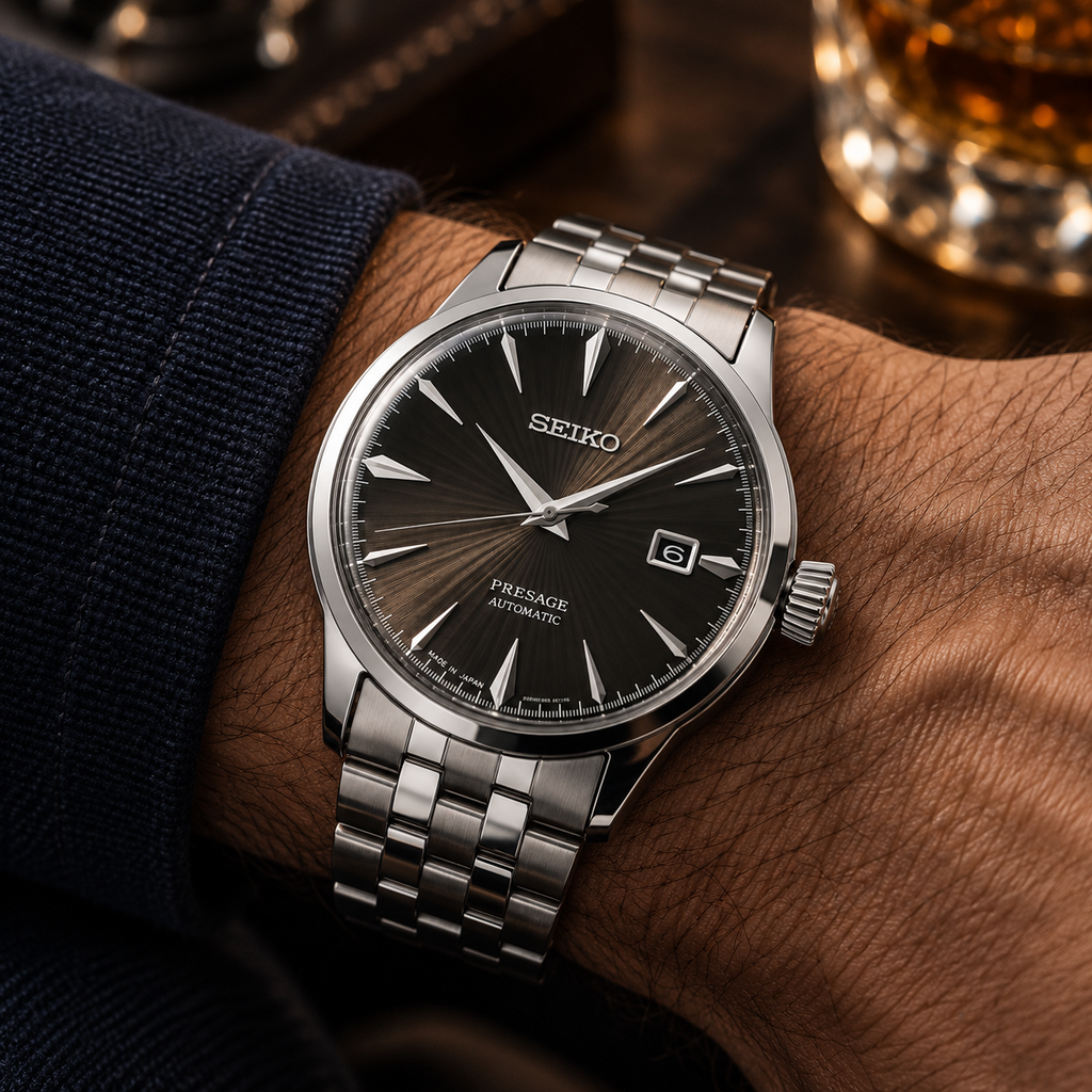 Seiko Presage Cocktail Time SRPE17J1 automatic men's watch on wrist, dark dial and stainless steel bracelet