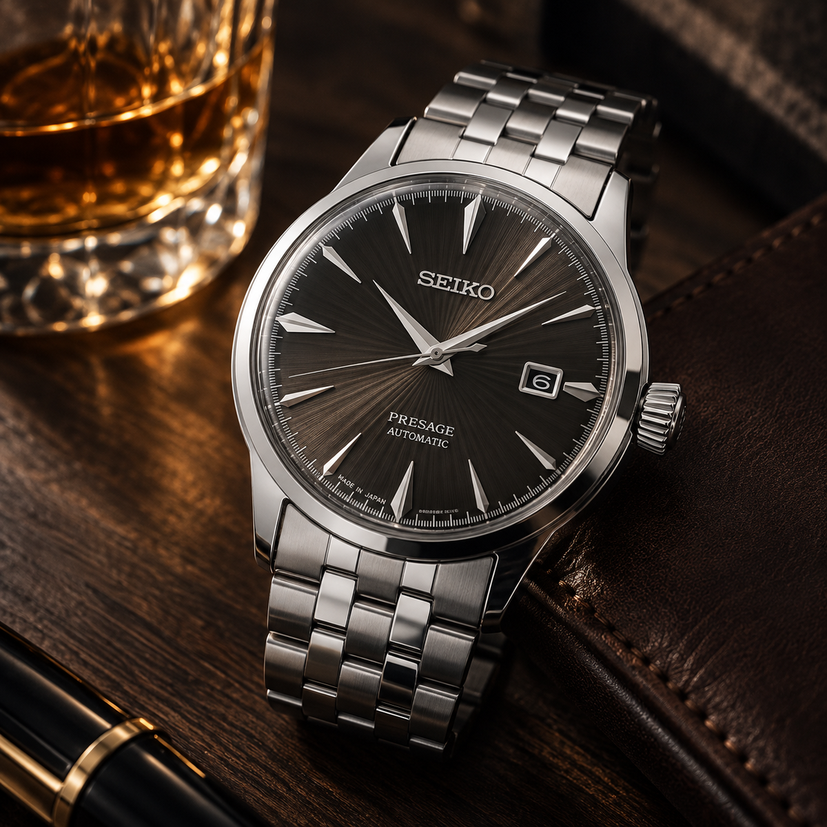 Seiko Presage Cocktail Time SRPE17J1 automatic watch in a warm luxury whiskey and leather setting