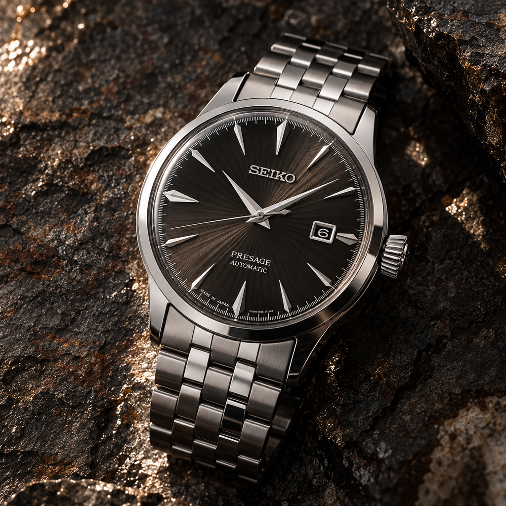 Seiko Presage Cocktail Time SRPE17J1 automatic watch on dark textured stone with warm premium lighting