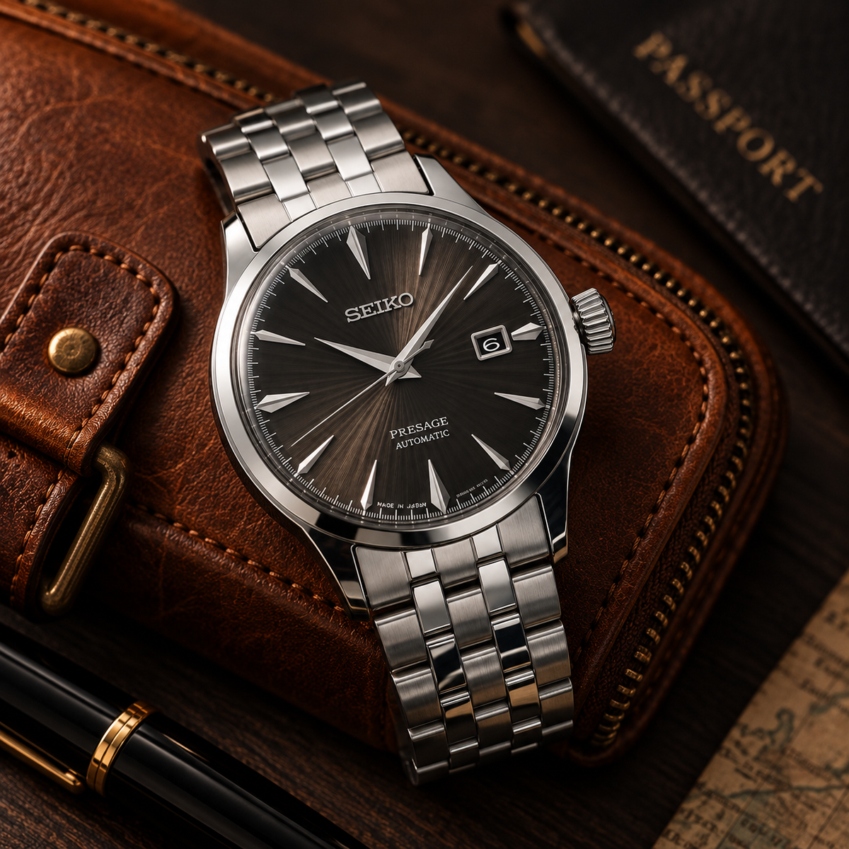Seiko Presage Cocktail Time SRPE17J1 automatic watch with leather travel essentials in a luxury editorial setting