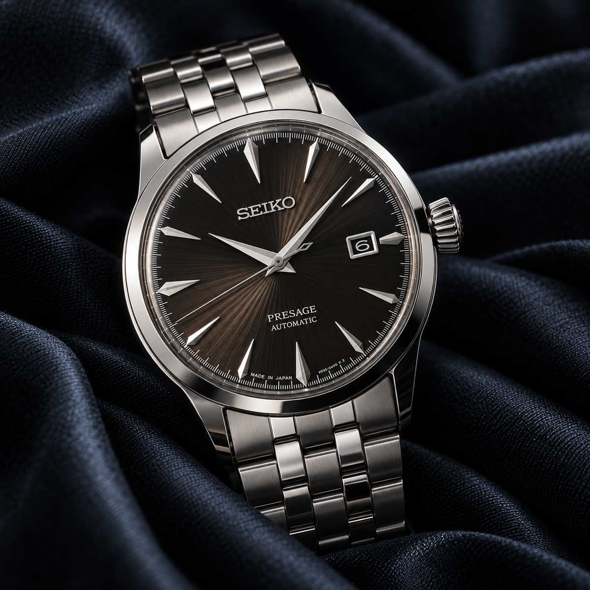 Seiko Presage Cocktail Time SRPE17J1 automatic dark dial stainless steel watch on midnight blue fabric