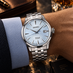 Seiko Presage Cocktail Time SRPE19J1 automatic men's watch on wrist, light blue dial and stainless steel bracelet