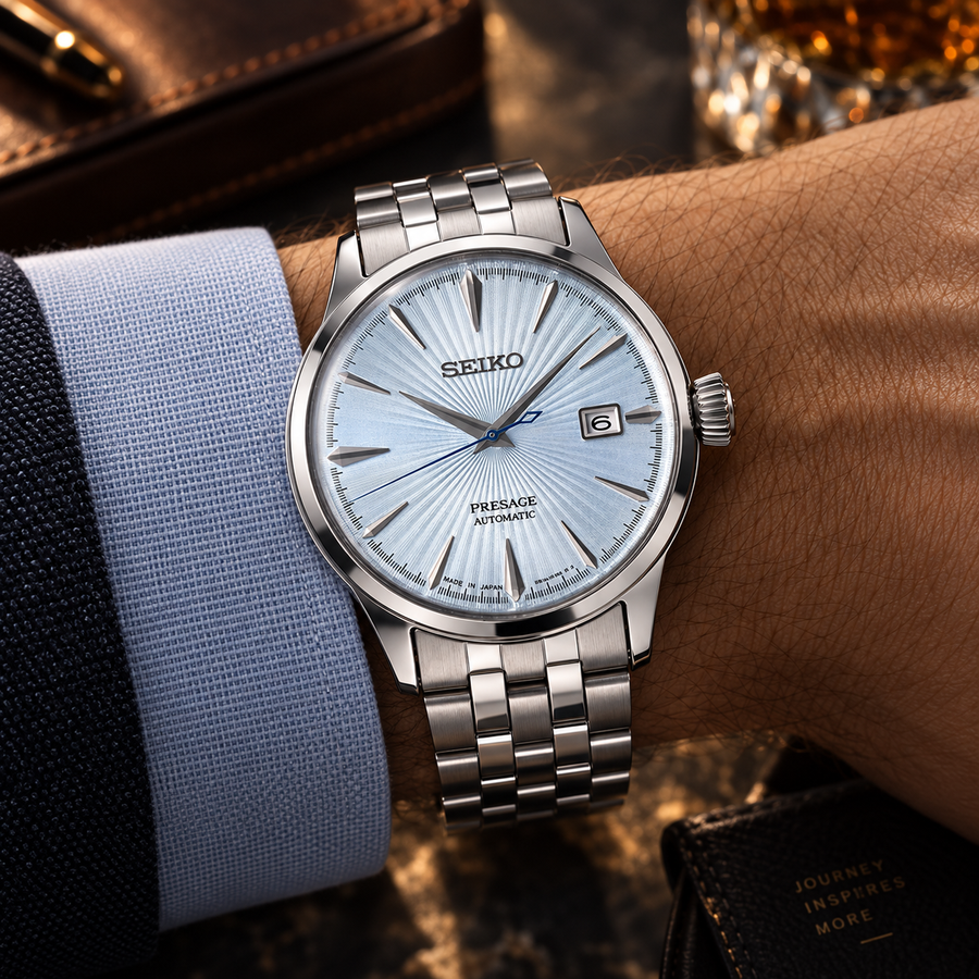 Seiko Presage Cocktail Time SRPE19J1 automatic men's watch on wrist, light blue dial and stainless steel bracelet