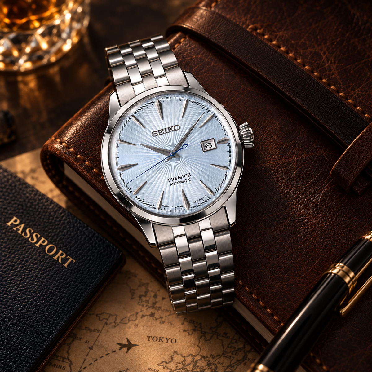 Seiko Presage Cocktail Time SRPE19J1 automatic watch in a premium Tokyo travel still-life setting