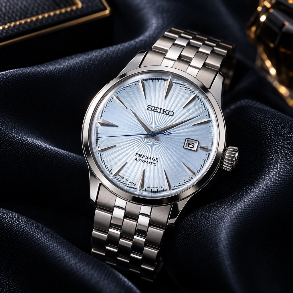 Seiko Presage Cocktail Time SRPE19J1 automatic light blue dial watch on midnight satin fabric