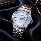 Seiko Presage Cocktail Time SRPE19J1 automatic light blue dial watch on midnight satin fabric