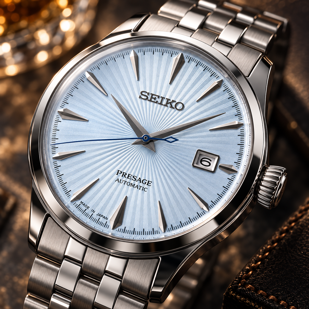 Seiko Presage Cocktail Time SRPE19J1 light blue sunray dial macro detail in cinematic light