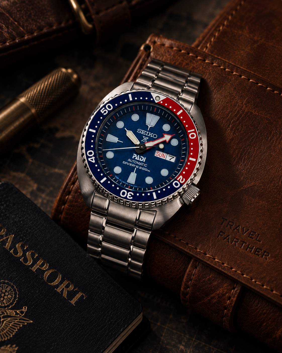 Seiko Prospex PADI Turtle SRPE99 automatic diver's watch with premium leather travel accessories