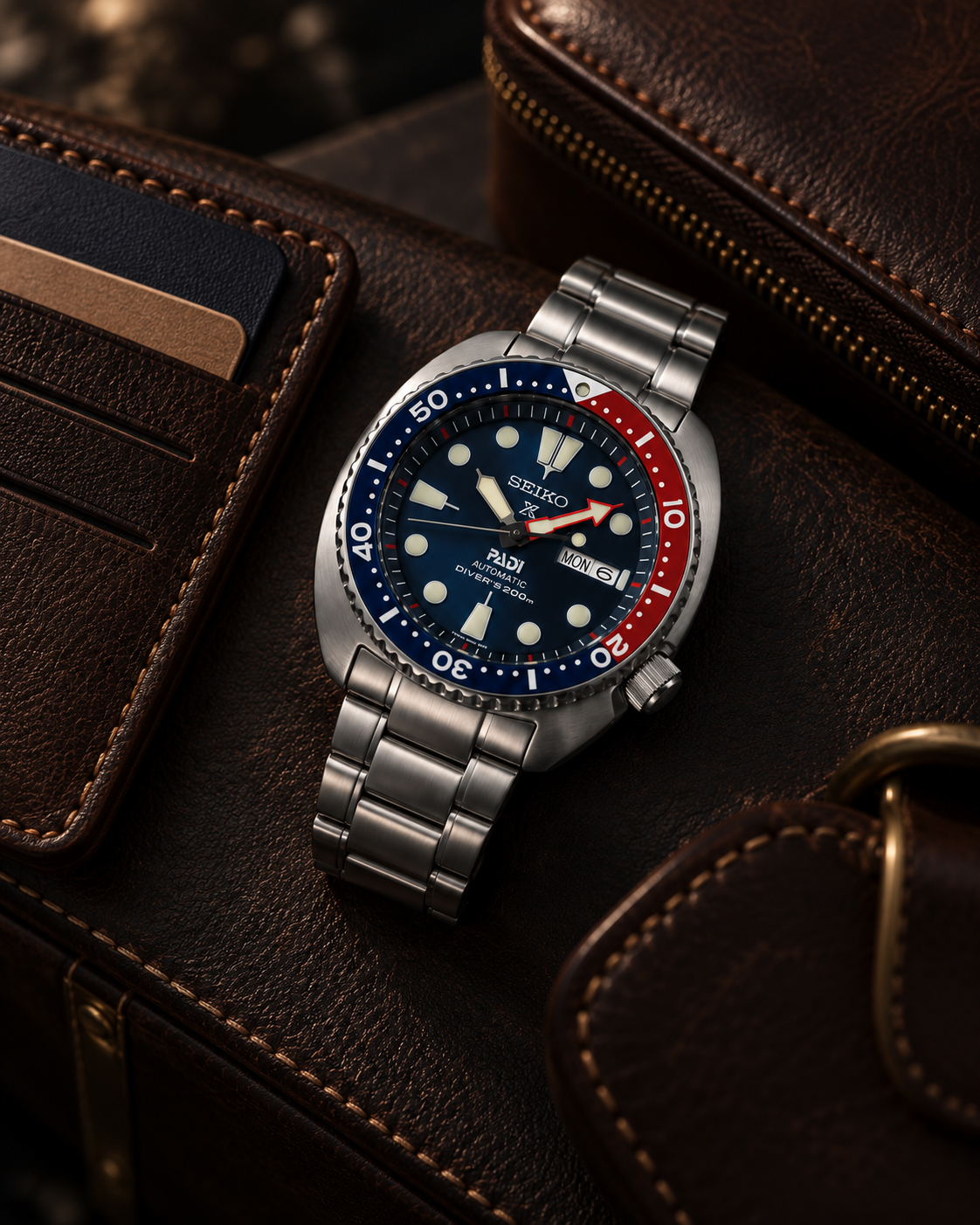 Seiko Prospex PADI Turtle SRPE99K1 premium travel still-life with leather accessories