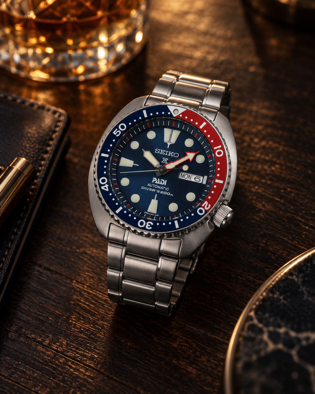 Seiko Prospex PADI Turtle SRPE99K1 premium warm editorial desk still-life