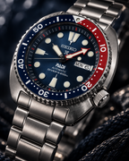 Seiko Prospex PADI Turtle SRPE99K1 blue dial and red-blue bezel macro detail