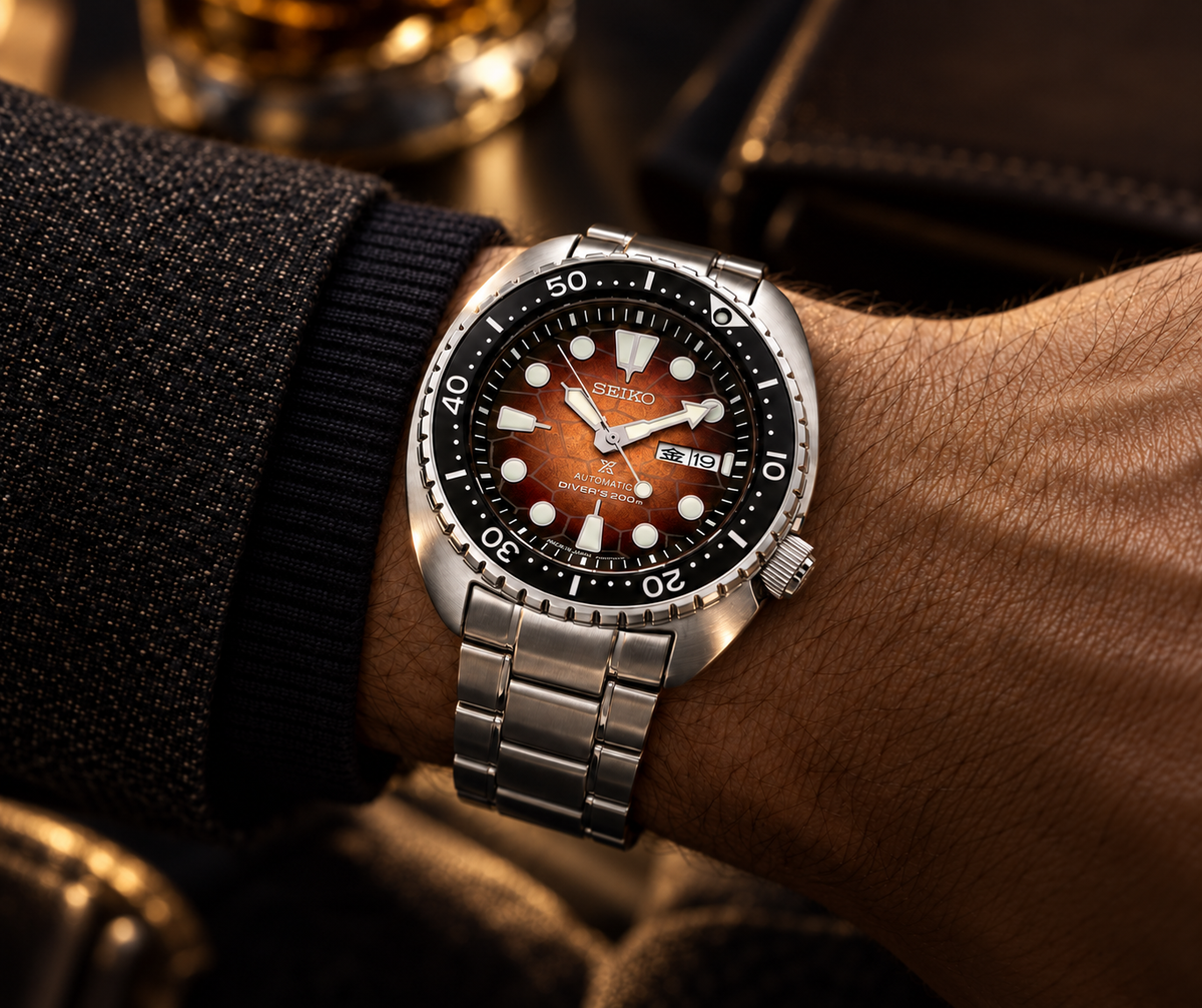 Seiko Prospex SRPH55 U.S. Special Edition automatic diver on wrist, brown turtle-shell dial