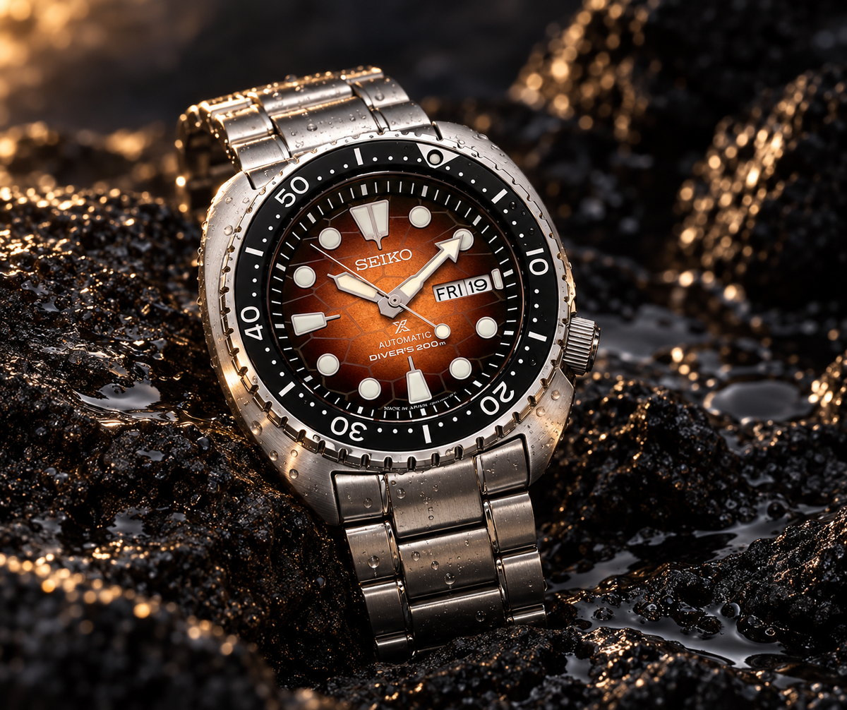 Seiko Prospex SRPH55 automatic diver on wet volcanic rock