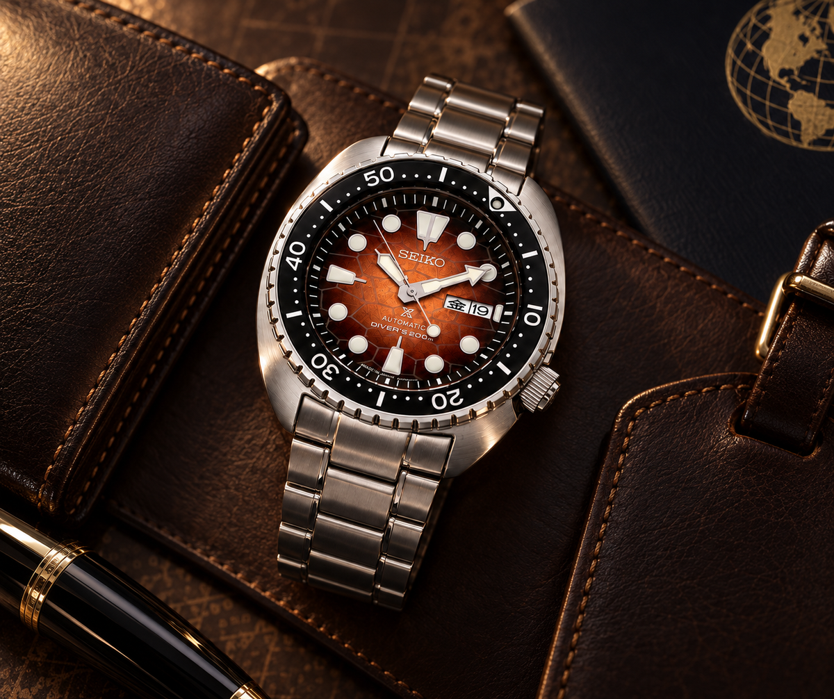 Seiko Prospex SRPH55 premium travel still-life with leather accessories
