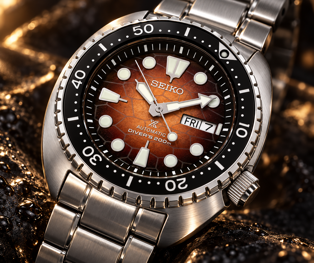 Seiko Prospex SRPH55 brown turtle-shell dial macro detail