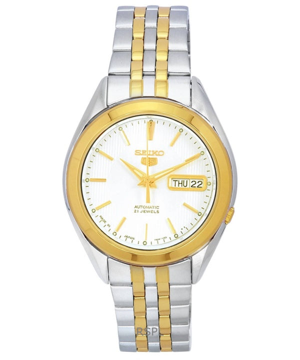 Generalüberholte Seiko 5 Two Tone Edelstahl-Automatikherrenuhr mit weißem Zifferblatt SNKL24J1