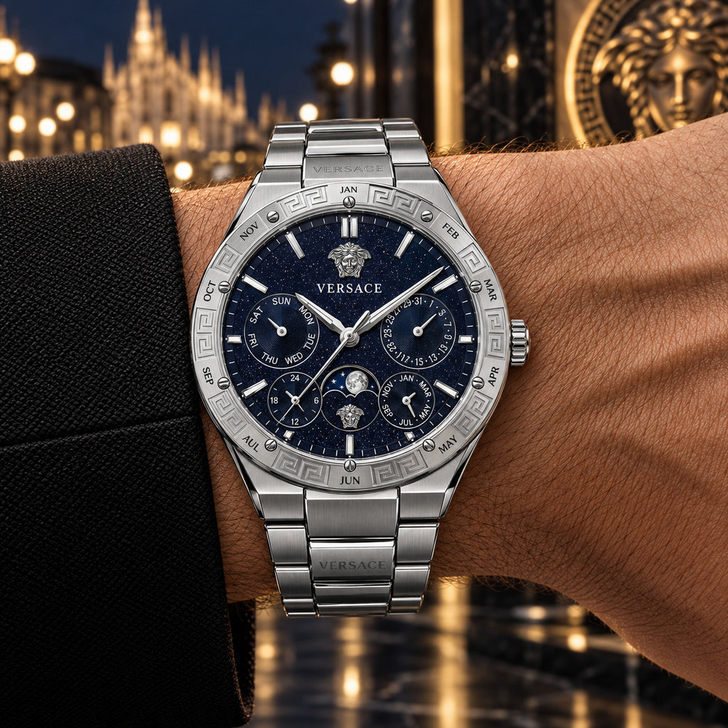 Versace V-Galaxy Moonphase Men's Watch – Blue / Silver 43 mm – VE0K00125