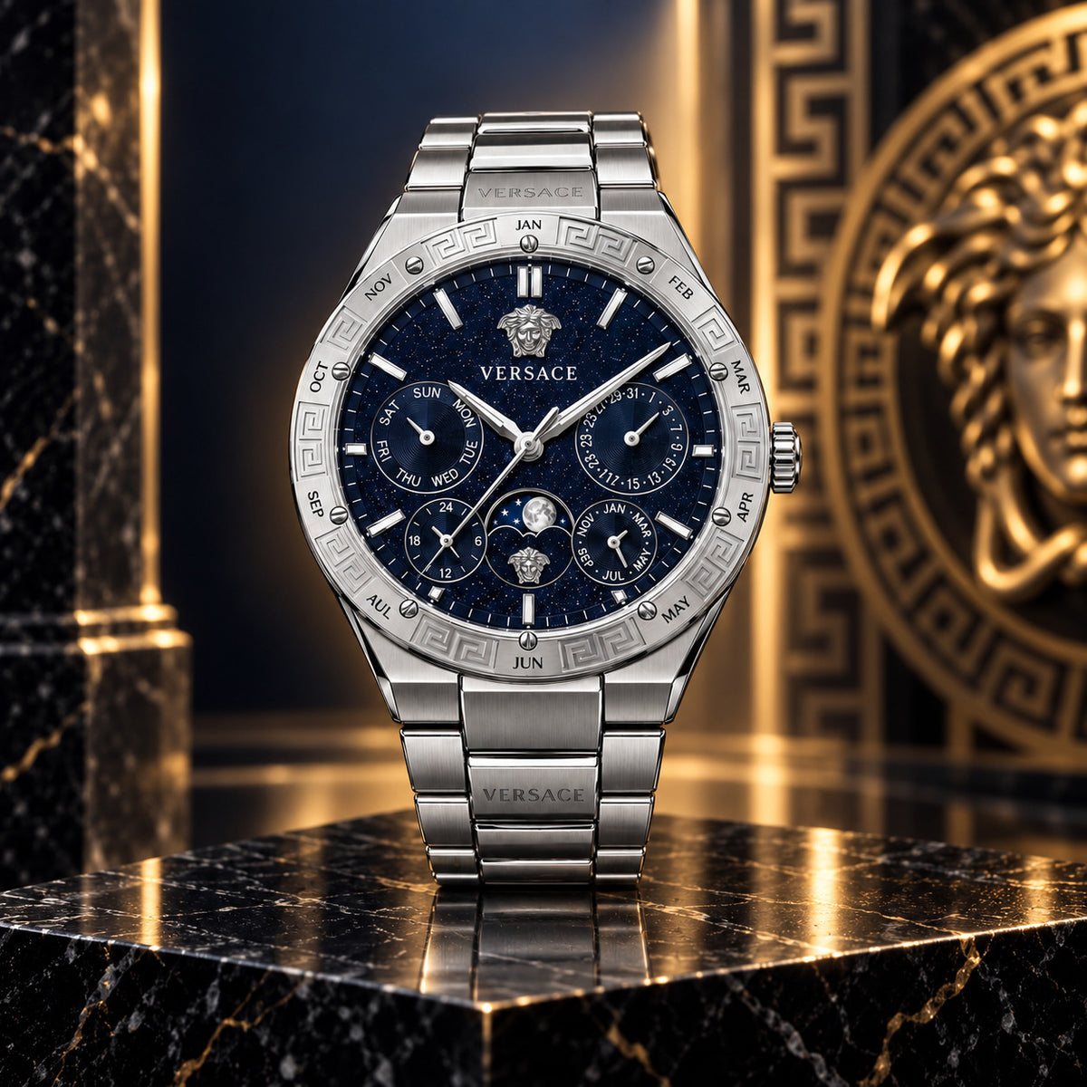 Versace V-Galaxy Moonphase Men's Watch – Blue / Silver 43 mm – VE0K00125