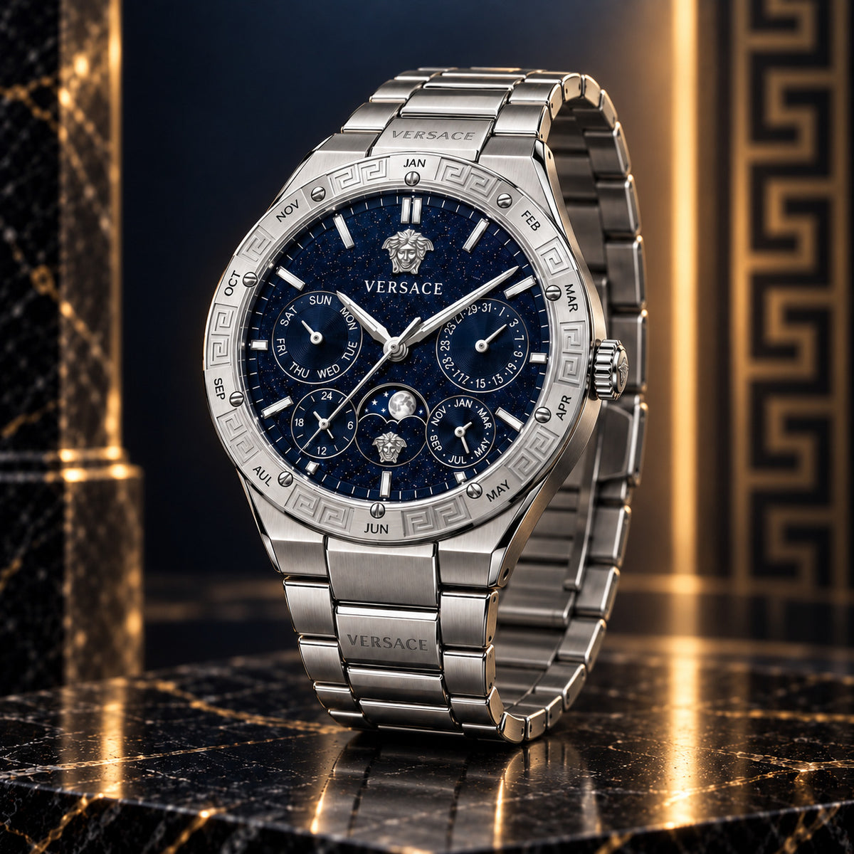 Versace V-Galaxy Moonphase Men's Watch – Blue / Silver 43 mm – VE0K00125