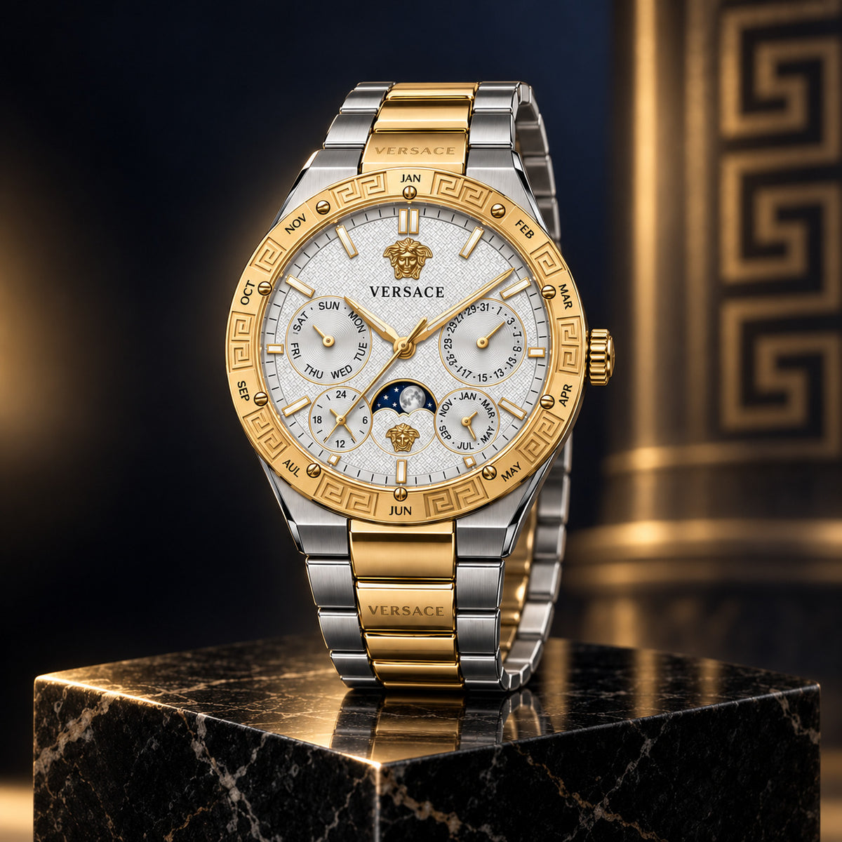 Versace V-Galaxy Moonphase Men's Watch – White / Two-Tone 43 mm – VE0K00225