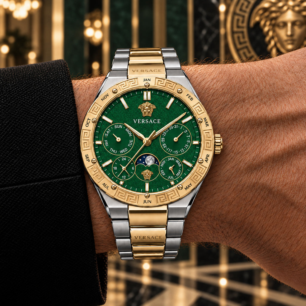 Versace V-Galaxy Moonphase Men's Watch – Green / Two-Tone 43 mm – VE0K00325