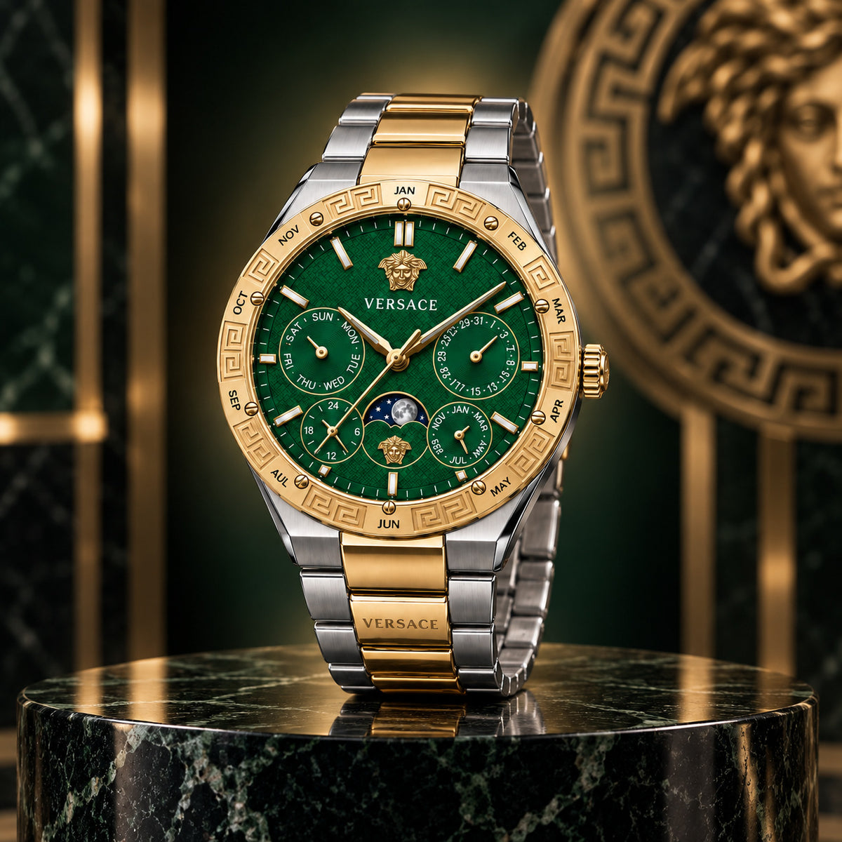 Versace V-Galaxy Moonphase Men's Watch – Green / Two-Tone 43 mm – VE0K00325