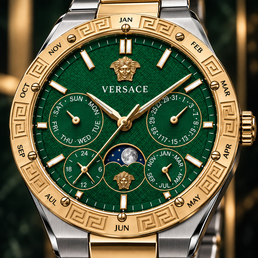 Versace V-Galaxy Moonphase Men's Watch – Green / Two-Tone 43 mm – VE0K00325