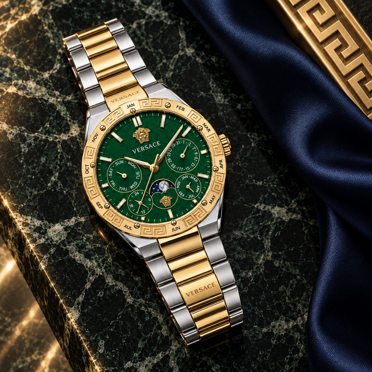 Versace V-Galaxy Moonphase Men's Watch – Green / Two-Tone 43 mm – VE0K00325