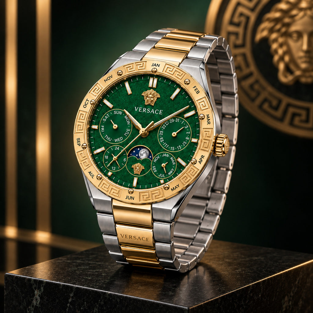 Versace V-Galaxy Moonphase Men's Watch – Green / Two-Tone 43 mm – VE0K00325