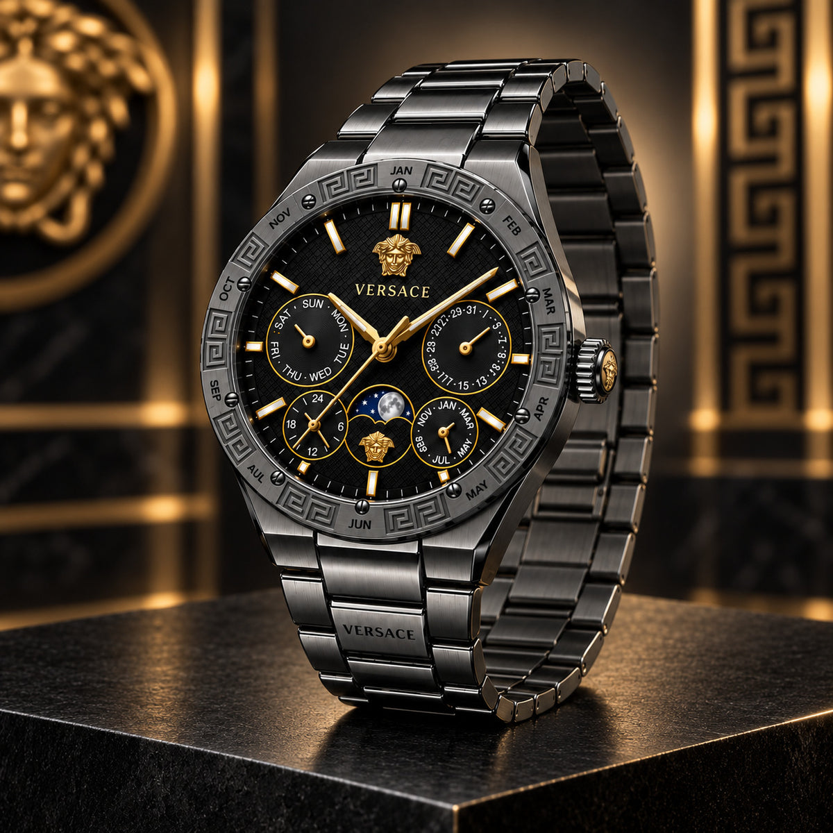 Versace V-Galaxy Moonphase Men's Watch – Black / Gunmetal 43 mm – VE0K00525