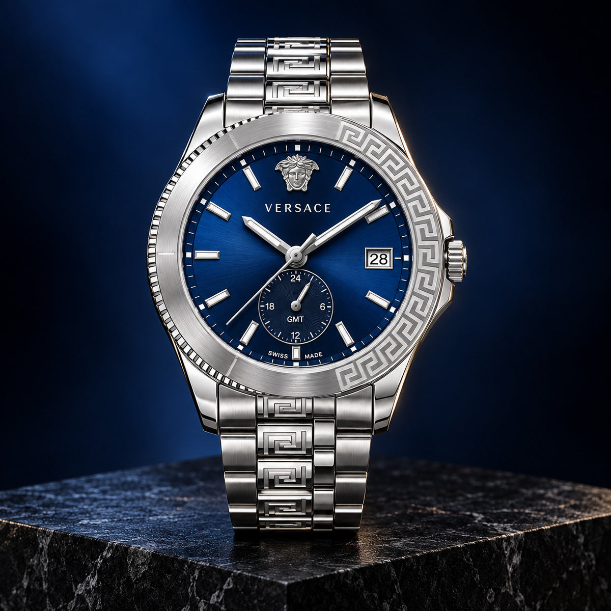 Versace Apodis GMT Men's Watch – Blue / Silver 41 mm – VE0U00125
