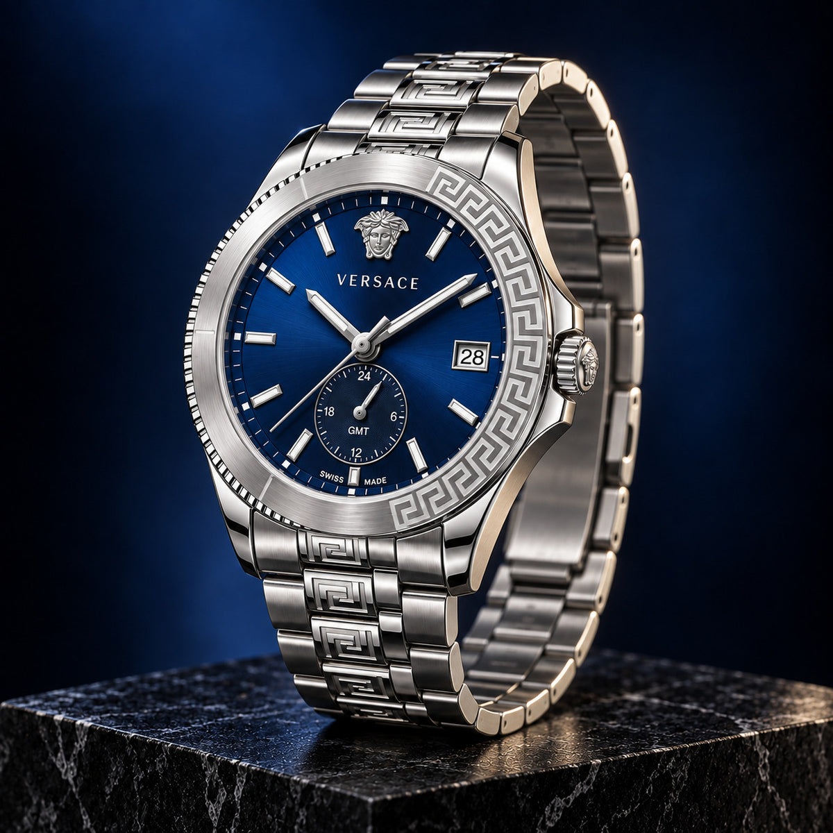 Versace Apodis GMT Men's Watch – Blue / Silver 41 mm – VE0U00125