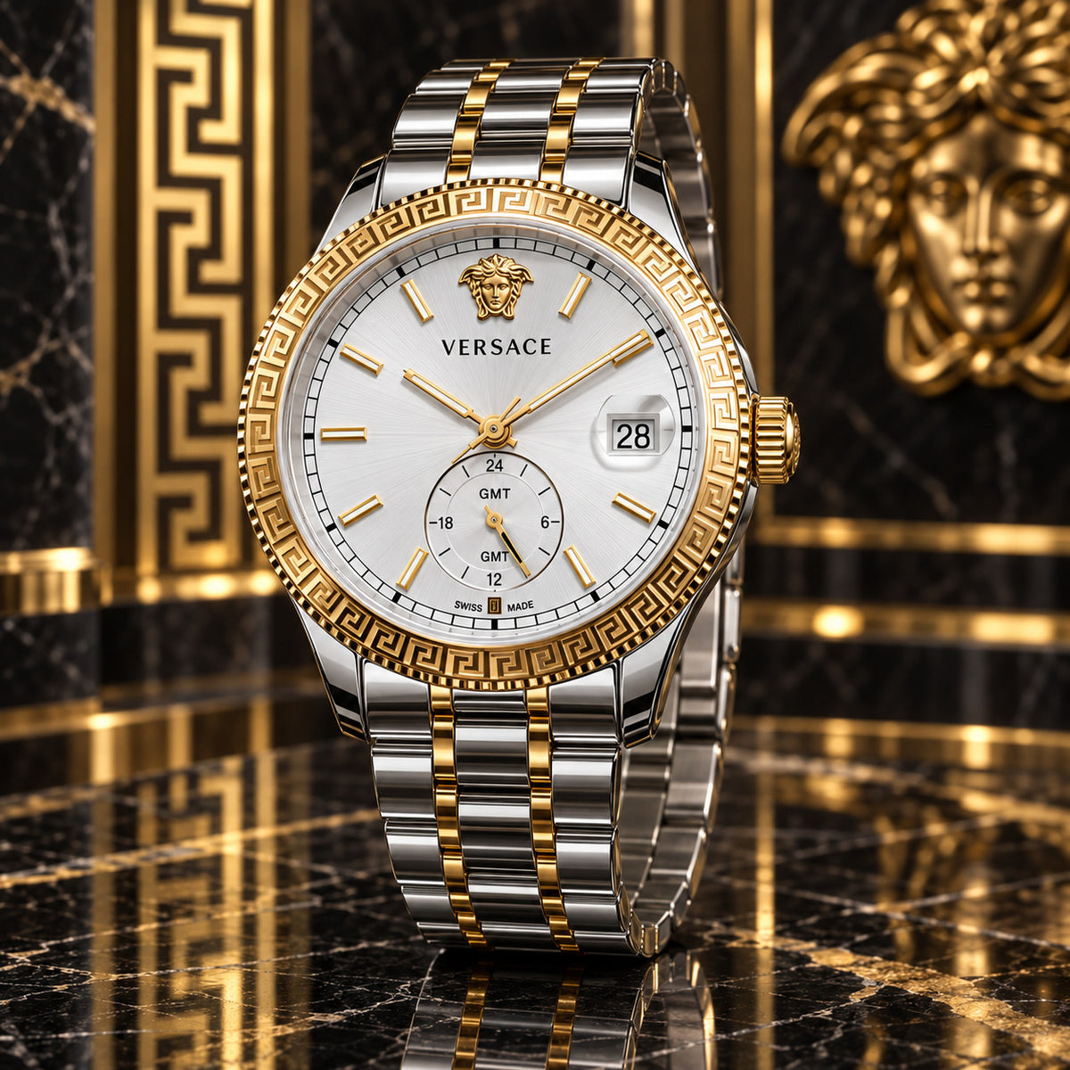Versace Apodis GMT Men's Watch – Silver / Two-Tone 41 mm – VE0U00425