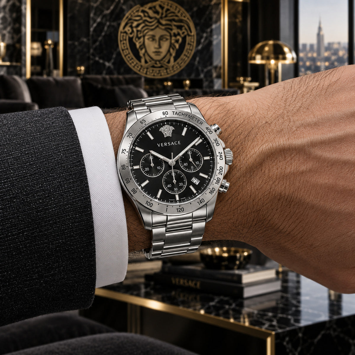 Versace Hellenyium Chronograph Men's Watch – Black / Silver 44 mm – VE2U00322