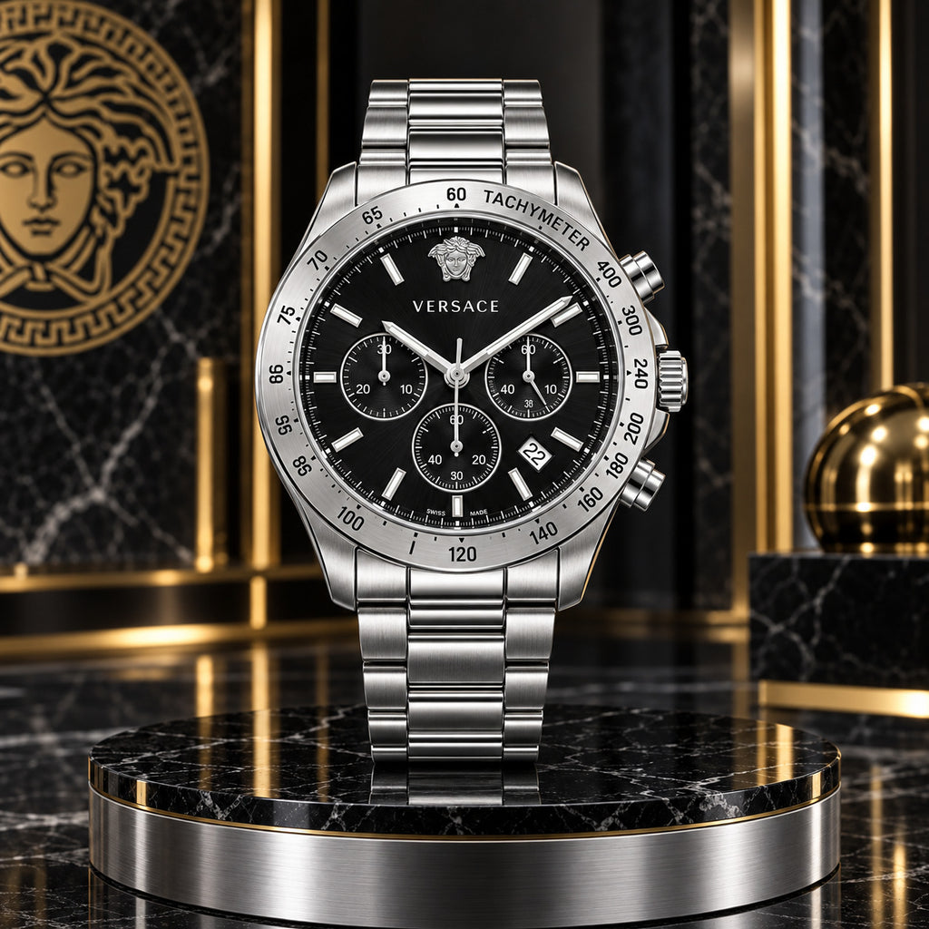 Versace Hellenyium Chronograph Men's Watch – Black / Silver 44 mm – VE2U00322